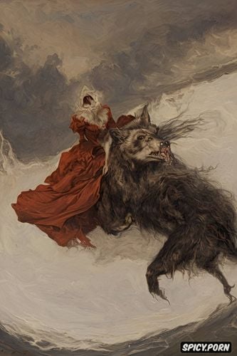 fangs, ferocious beast, werewolf, art by vasily surikov, victorian gown