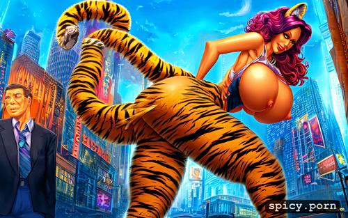 40 yo, business suit, giant breasts, tiger tail, tiger woman