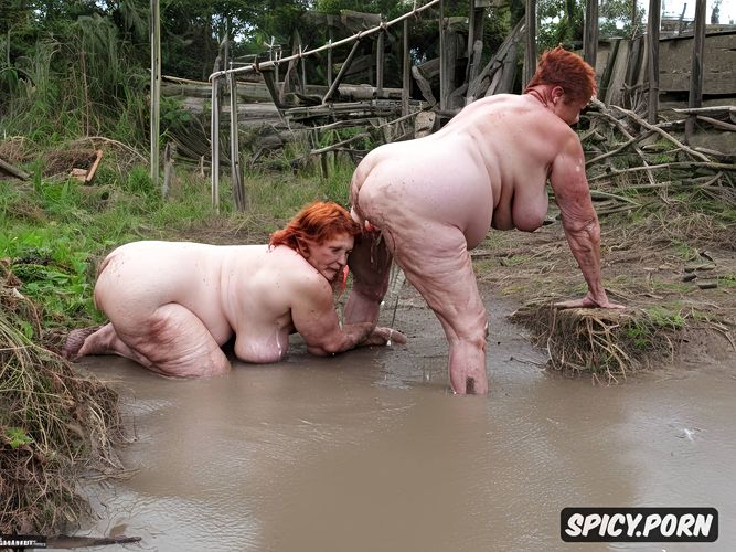 in filthy slum, naked obese bbw granny, short red hair, massive belly