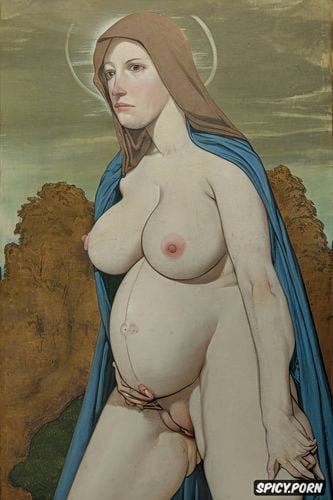 wide open, virgin mary nude in a stable, robe, classic, pregnant