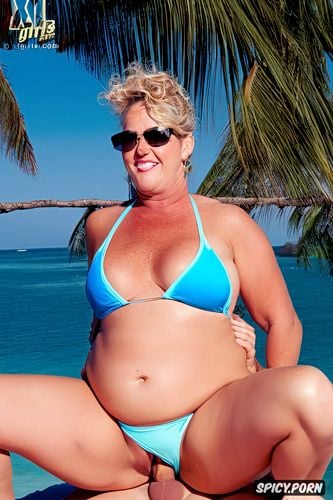 one piece swimsuit, fat thighs, tanned, pussy fucking, fat belly