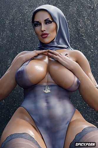oiled, no clothing except hijab and stockings, aesthetically pleasing