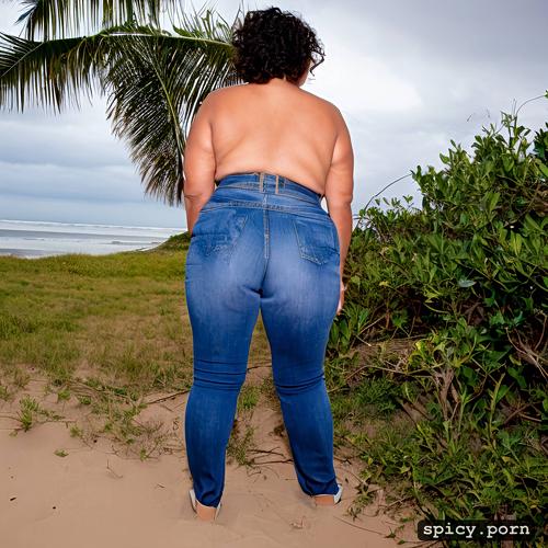 at beach, short hair, large high hips, sagging fat belly, an old fat hispanic naked woman with obese belly