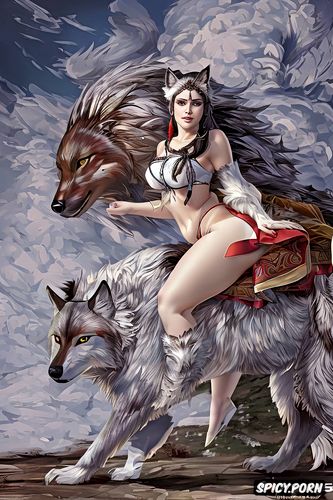 running wolf, voluptuous body, peincess mononoke squatting riding on a giant wolf