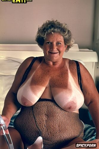 gilf, small breasts, extremely obese, on a bed inviting me to join her