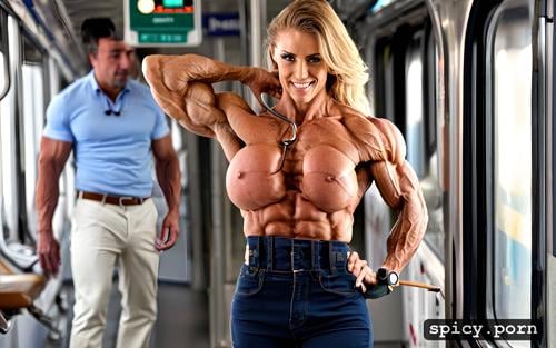blue eyes, 18 years old female doctor, blonde, perky boobs, most muscular female bodybuilder