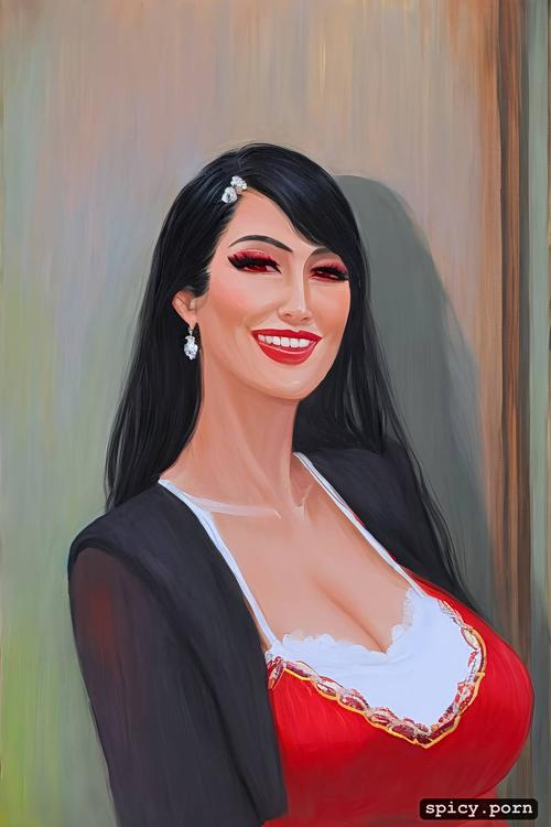 pretty smile and red eyes mean, bully, 6 foot tall woman with black hair