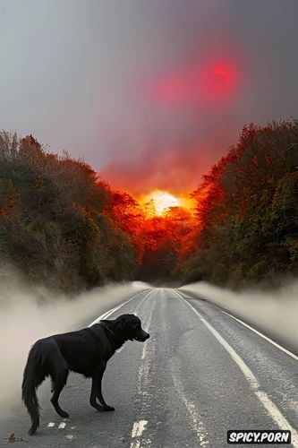 rural highway, fiery red eyes, big black dog, dense fog, moor