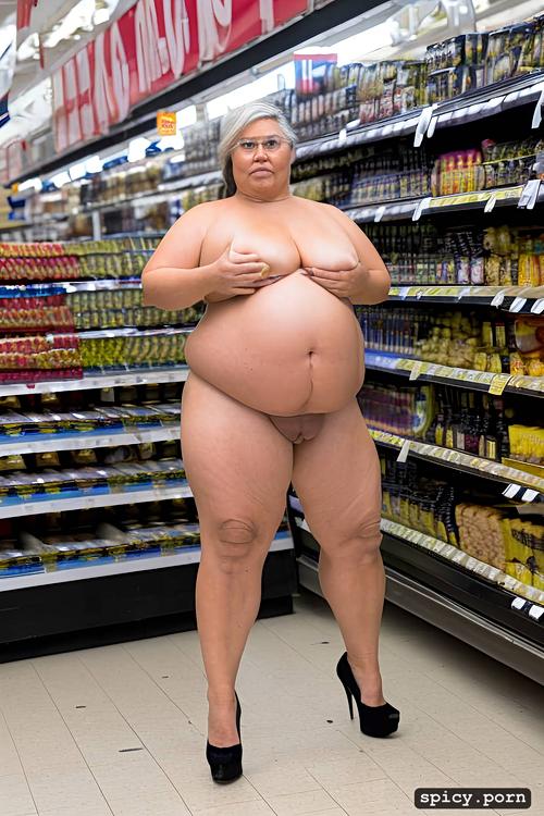 old woman, pussy spread, in supermarket, full body 4k high resolution image