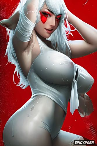 huge breasts, drenched, yandere, manic smiles, white hair, naked