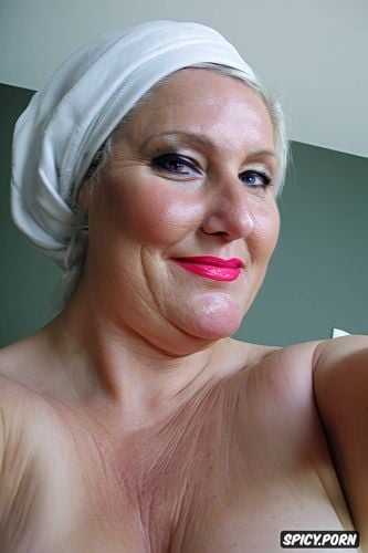 look tits, only pink headscarf, pink lipstick, white breasts