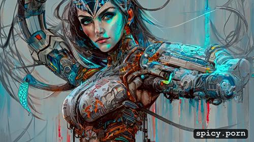 robot, vibrant, strong warrior princess, busty, carne griffiths