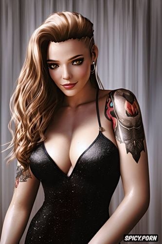 ultra realistic, high resolution, tattoos small perky tits elegant low cut tight black dress masterpiece