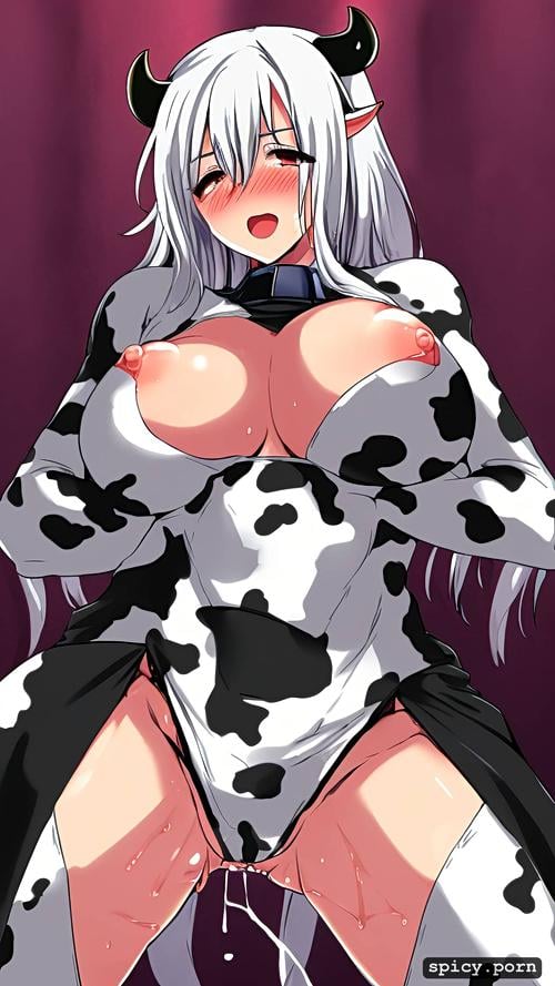 glass halffull with pussy milk standing infront of pussy, cow costume