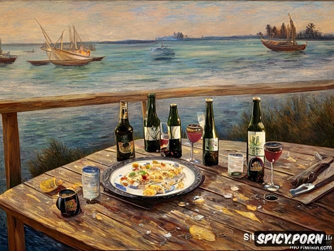 fine art, pierre auguste renoir, sardines, textured paint, shrimps and a glass bottles