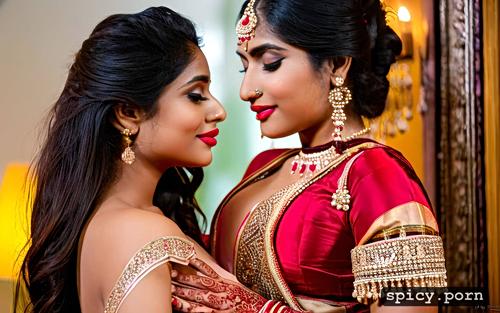 two extremely gorgeous indian slim 22 years old woman as bride and revealing her perfectly shaped boobs and proper face and red lipstick with no mishap in indian bride outfit kissing each other and holding each other tightly ultra realistic photo hyper realistic