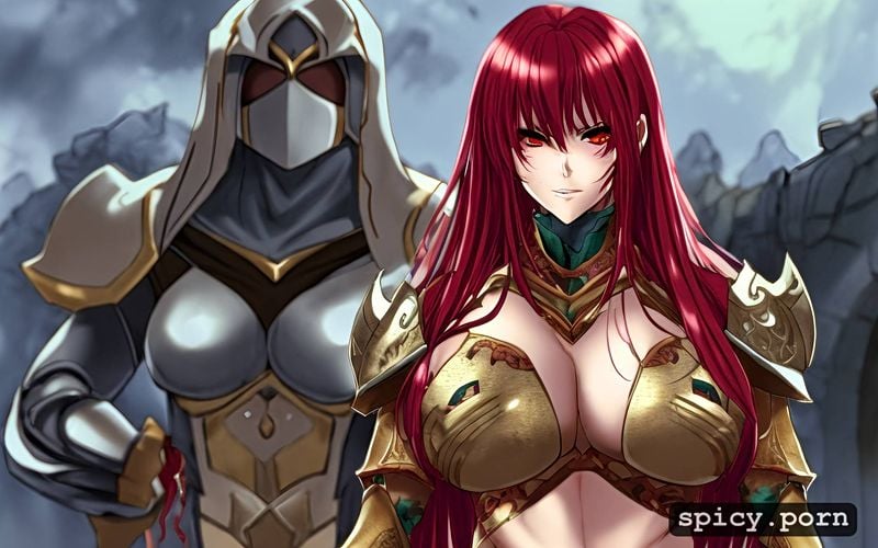 massive tits, red hair, scar across face, wear armour
