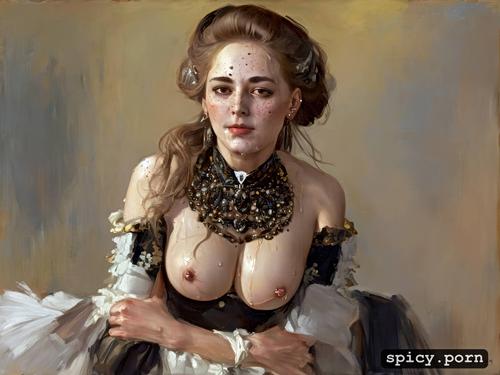 collar, freckles, heavy panting, sweating, ilya repin painting
