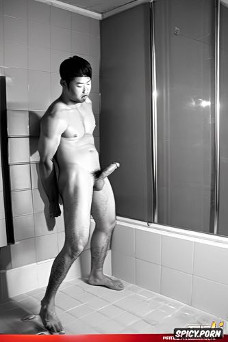 pubic hair, a few erections, erotic, huge penises, shower room with other nude korean men