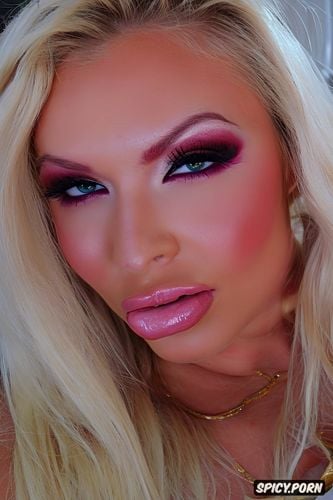 huge botox lips, pink blush, eye contact, pink lipstick, bimbo lipstick
