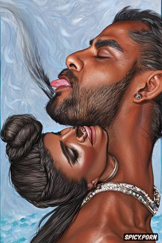 man licking the face of indian woman with long thick hair bun