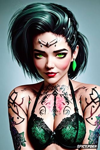 widowmaker overwatch beautiful face young tattoos small perky tits elegant low cut dark green lace lingerie masterpiece