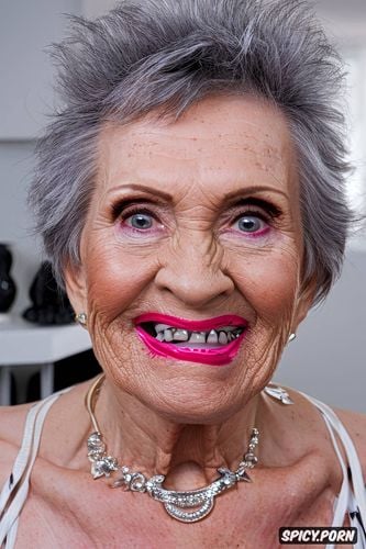 no lipstick, no makeup, portrait, busty granny, big teeth, age seventyfive