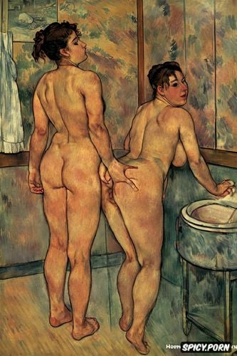 rembrandt, ass grab, cézanne, hairy vagina, women in humid bathroom with fingertip nipple touching breasts tiled bathing intimate tender lips fat body