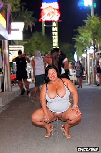 laughing slutty drunk obese milf, detailed pussy, nighttime outdoors on the las vegas strip