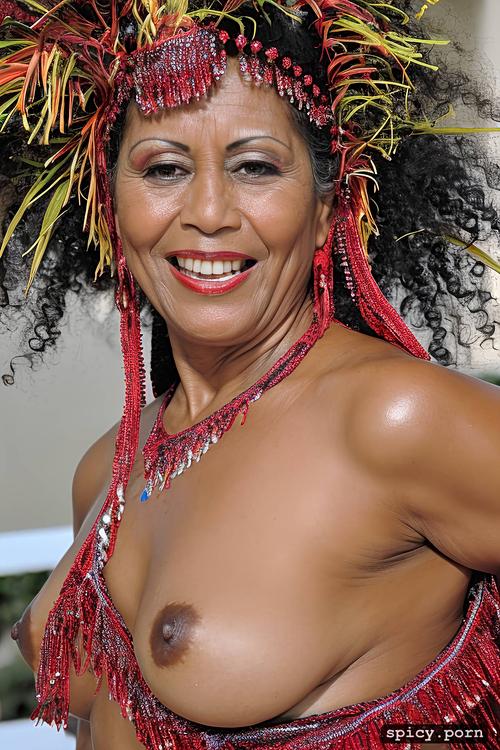 64 yo beautiful tahitian dancer, beautiful smiling face, extremely busty