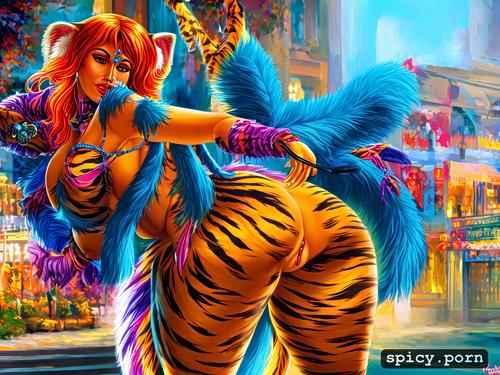 tiger woman, 40 yo, furry, sari, large ass, striped tail, gigantic breasts