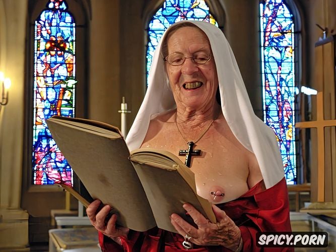 stained glass windows, granny, cross necklace, naked, altar