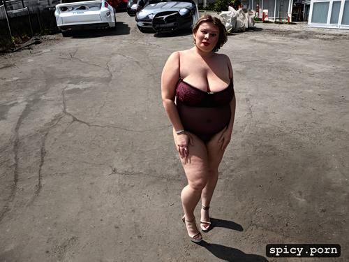 completely huge floppy saggy breasts on obese 50 years old posh russian woman large hairy cunt fat very stupid cute face with small nose much makeup semi short hair standing straight in siberian empty concrete parking lot very large very fat floppy tits full body view large view rich fat lady style exposed visible cunt