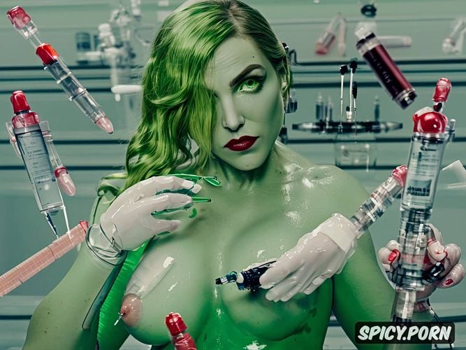 cute detailed face, clear tubes with iv needles injecting green slime into her swollen nipples 1 8