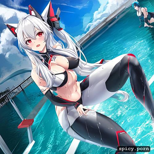 silver hair, red eyes, smiling, swimming in a pool, good anatomy
