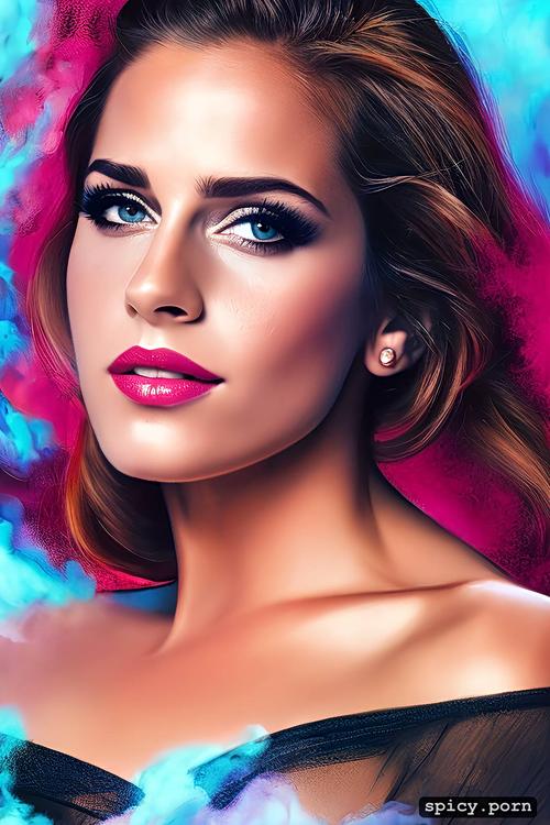 flow, nude, the style of light blue and pink, fiery emmawatson with fire smoke around her