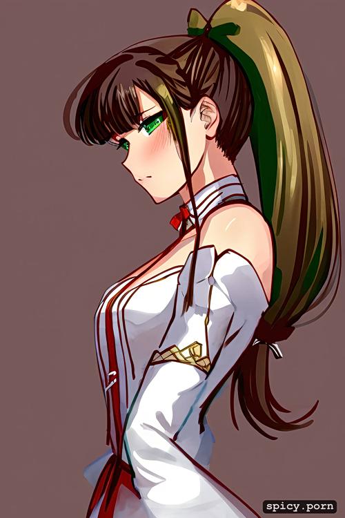 she has two prominent strands of hair beside her bangs that reach slightly past her chest her eyes are emerald green