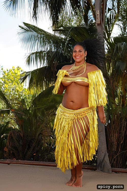 color photo, 60 yo beautiful tahitian dancer, performing, extremely busty