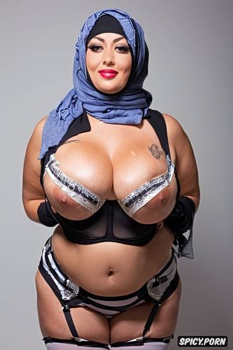 vibrant color scheme, from mid forehead to mid thigh photo, almost naked milf in neat hijab and stay ups stockings