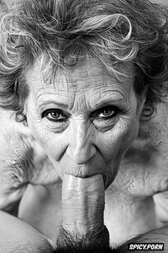 blowjob, wrinkled face, intricate messy hair, gilf, open eyes