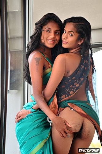 on balcony over city, surprised cute dusky indian 18 teen has her ass spread and licked from behind by her lesbian sister