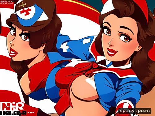 technicolor, small cute boobs, ussr army uniform, pinup propaganda poster art of a seductive soviet nurse