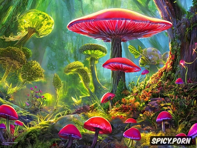 enchanted forest, high quality picture, some mushrooms in penis shape