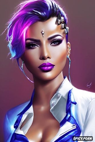 masterpiece, sombra overwatch blue bolero jacket white shirt shirt unbuttoned beautiful face full lips milf