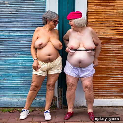 topless, 2 women, belly out, overflowing sagging belly, white long legs shorts