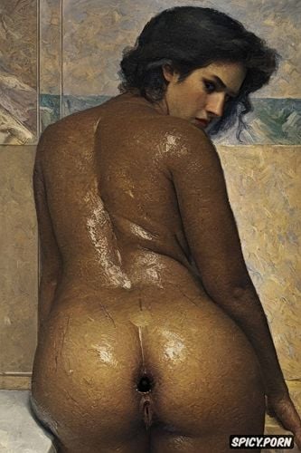 peeing, egon schiele, rembrandt oil painting, wide hips, fog