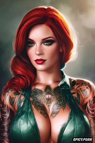 k shot on canon dslr, ultra realistic, triss merigold the witcher beautiful face young tight outfit tattoos masterpiece