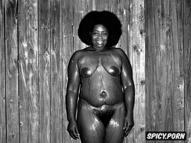 large areolas, photo realism, regular breasts, high detail, ebony granny woman in sauna