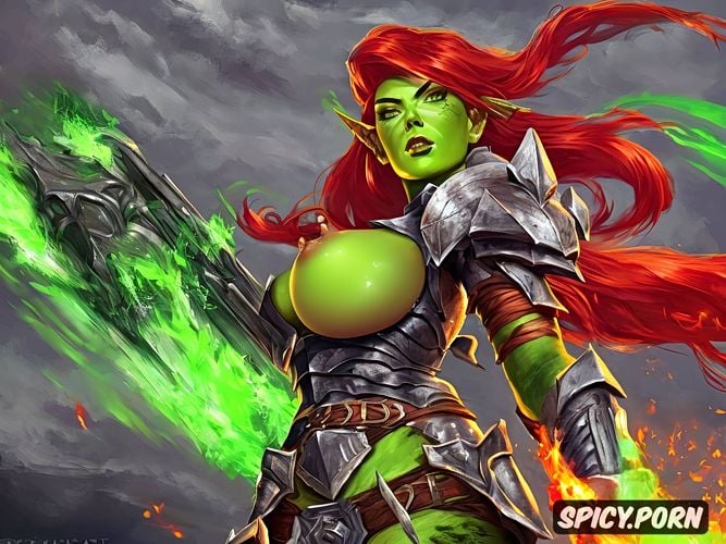 armor, orc female, curvy huge body, red hair, wide huge hips