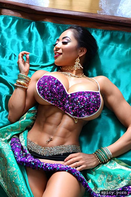six pack abs, 36 years, hip chain, deep neck blouse, huge boobs